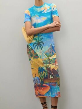 Stella Jean Tropical Beach Print Midi Dress Italy Scenic Graphic Bodycon